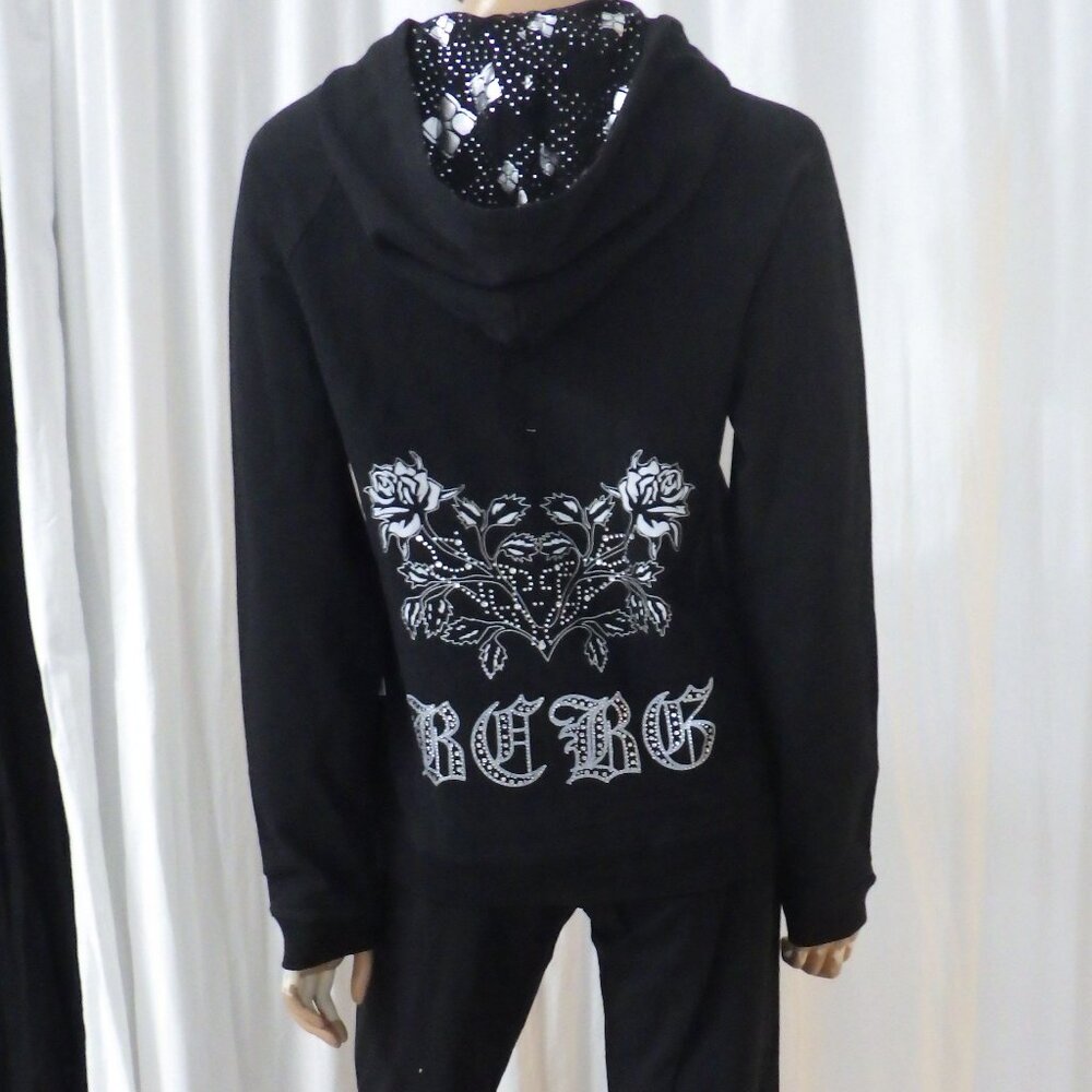 NWT BCBG sz SM MED LG XL 95% cotton BLK SILVER TWIN ROSE BUTTERFLY 2PC TRACKSUIT